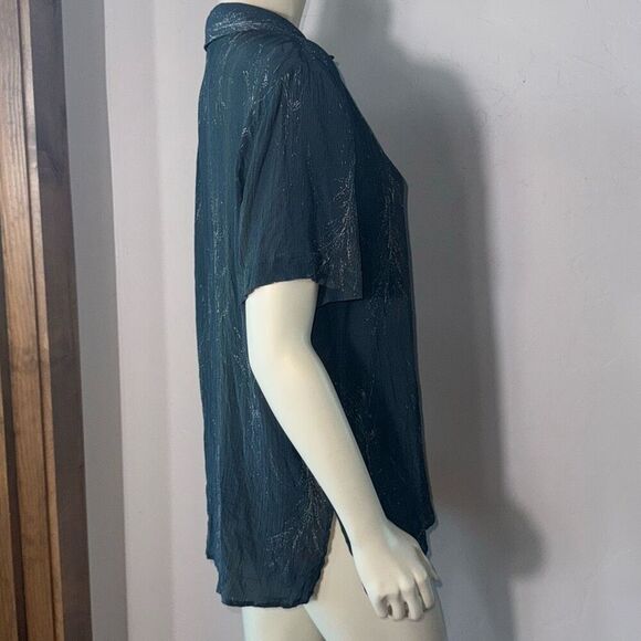 Vintage 90’s Green Whimsical Earth Print Oversized Silk Short Sleeve Button Down - Picture 7 of 14